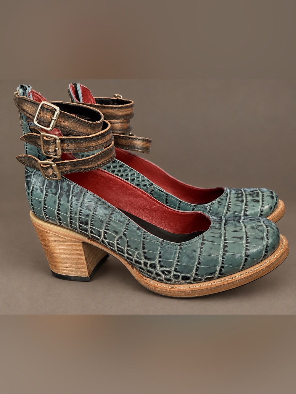 Freebird by Steven Randi Croc Embossed Leather Heels Teal Blue Size 7 BNWOT